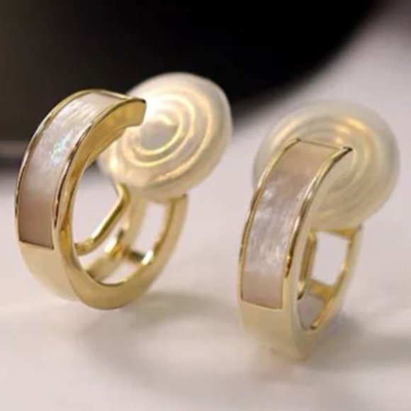 NWOT:  White Mother of Pearl 14K Gold Plated Clip On Earrings - Picture 3 of 7